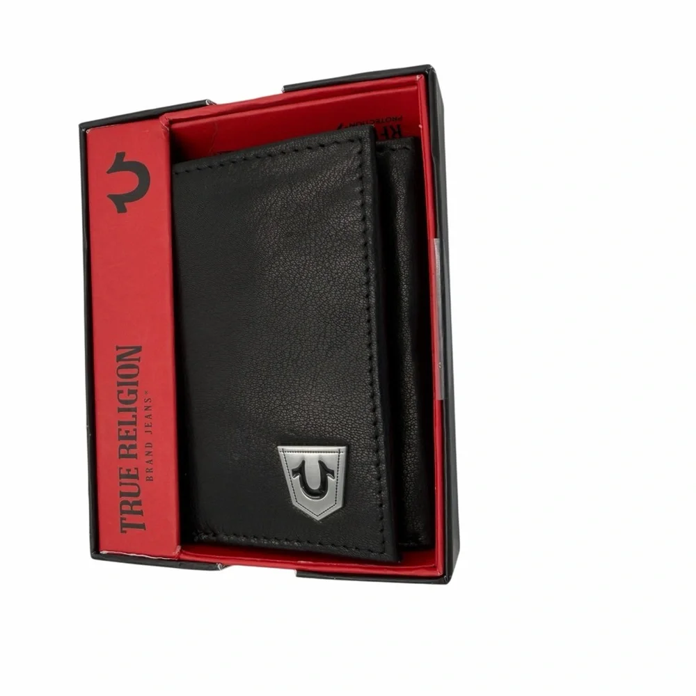 True Religion Genuine Leather RFID Wallet Black Trifold Silver Logo Plaque NIB